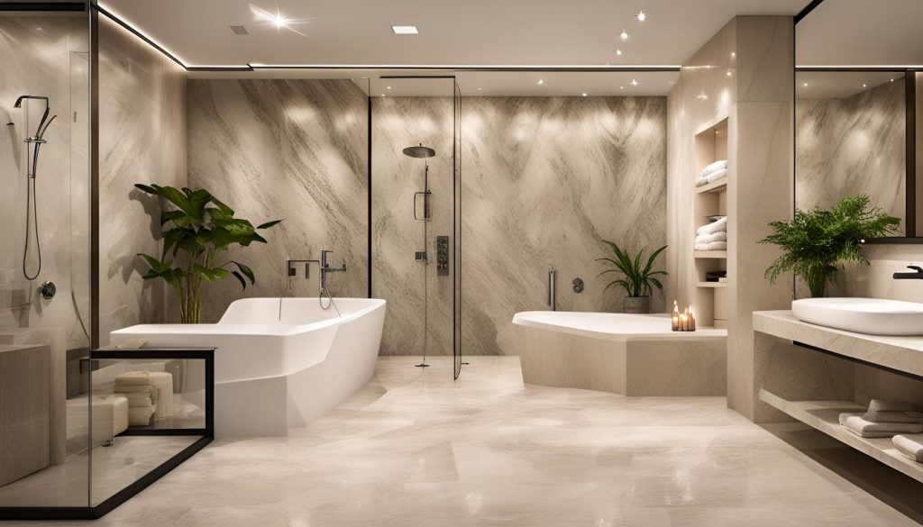 Bathroom with large windows, indoor plants, and natural materials for a bright and refreshing space.