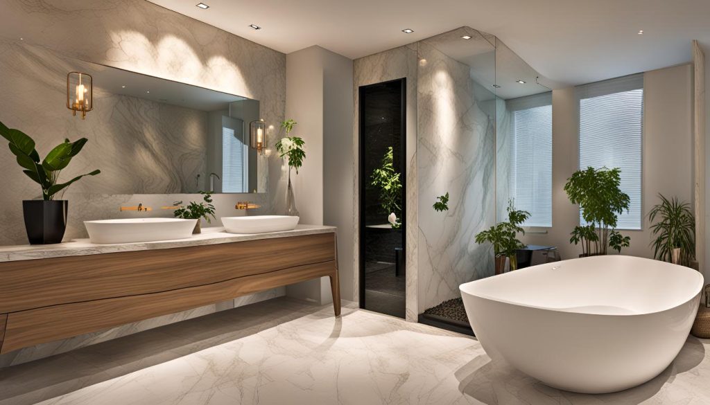 Minimalist bathroom with clean lines, a sleek vanity, and a harmonious layout aligned with Vastu principles.