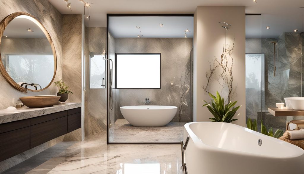 Bathroom with freestanding bathtub, soft lighting, and natural materials like marble for a spa-like feel.