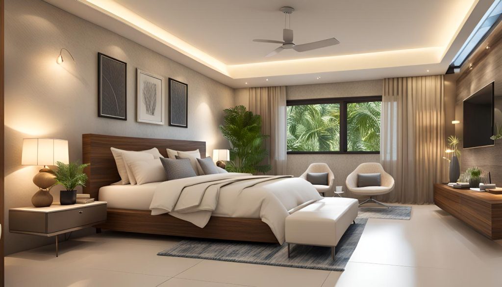 Minimalist bedroom with a neutral color palette, soft lighting, and a simple Vastu-aligned layout.