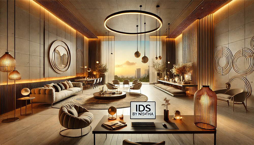 Elegant living space with modular furniture and Vastu-inspired elements for an interior design studio homepage banner.