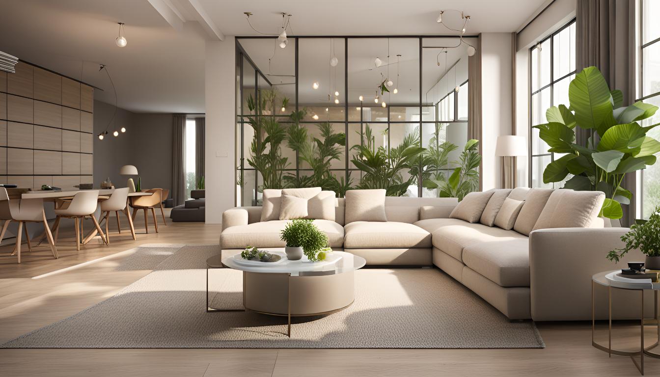 A modern living room with sleek modular furniture, neutral colors, soft lighting, and indoor plants, designed by IDS by Nishtha.