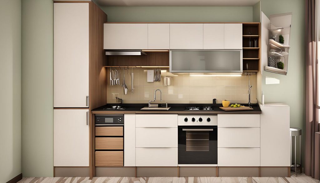 A modular kitchen with vertical cabinets, light colors, a well-organized countertop, and a southeast-aligned stove, designed for small apartments.