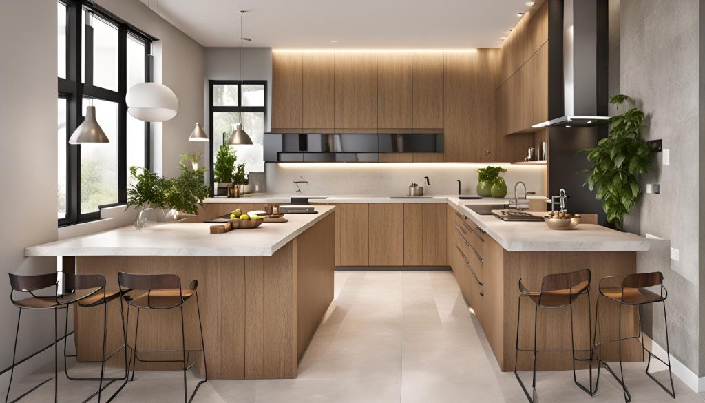 Contemporary kitchen design with large windows, sleek countertops, and vibrant greenery.