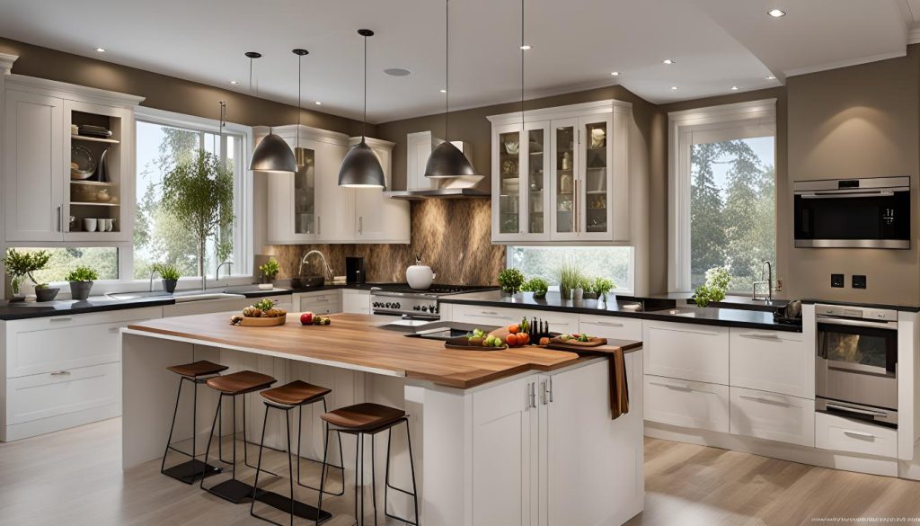 Luxurious modular kitchen with a spacious layout, modern appliances, and a harmonious color palette.