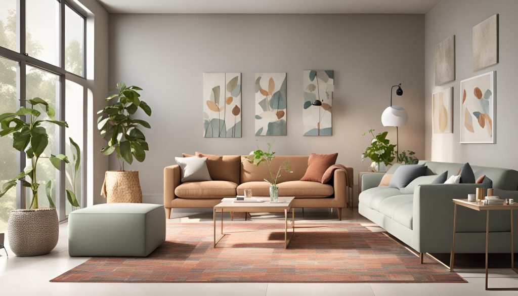 Minimalist living room with clean lines, neutral colors, and natural materials for a balanced atmosphere.