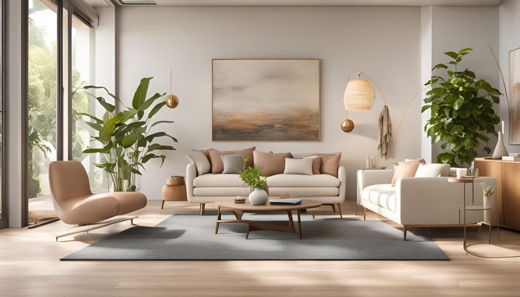 Elegant living room with plush seating, a statement rug, and Vastu-aligned furniture placement.