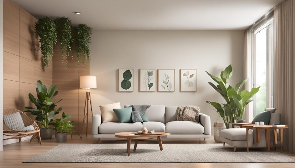 Cozy living room with modular furniture, natural light, and a soothing color palette aligned with Vastu principles.