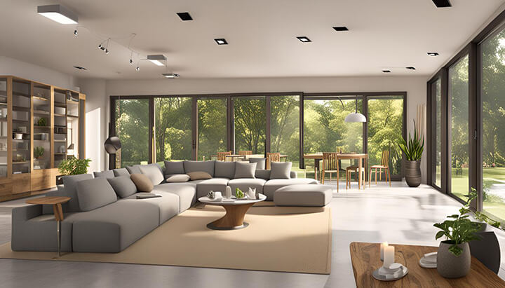 Energy-efficient home interior featuring natural light, modular furniture, sustainable materials, indoor plants, and Vastu-inspired design elements.