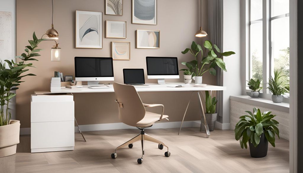 Executive office with a sleek desk, ergonomic chair, and natural light for a productive environment.