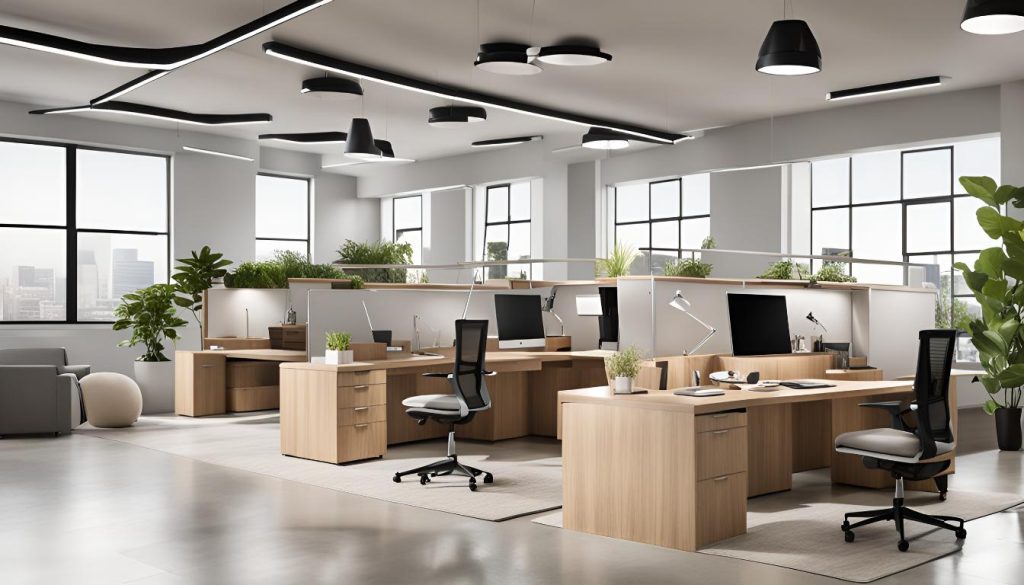 Open office with modular workstations, calming decor, and a Vastu-aligned layout for team collaboration.