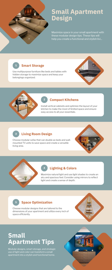 Infographic detailing modular design tips, including smart storage, compact kitchens, living room design, lighting, and space optimization for small apartments.