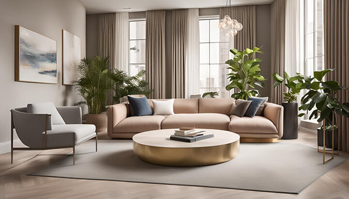 Luxurious interior space showcasing modular furniture, ambient lighting, harmonious colors, and greenery, representing commitment, integrity, and excellence.