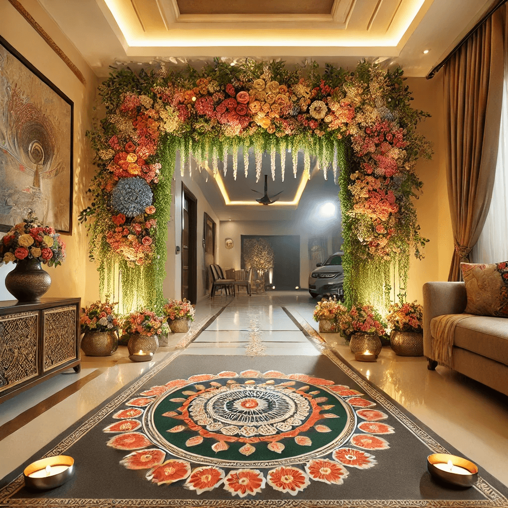 A beautifully decorated wedding entrance with floral arches and rangoli.