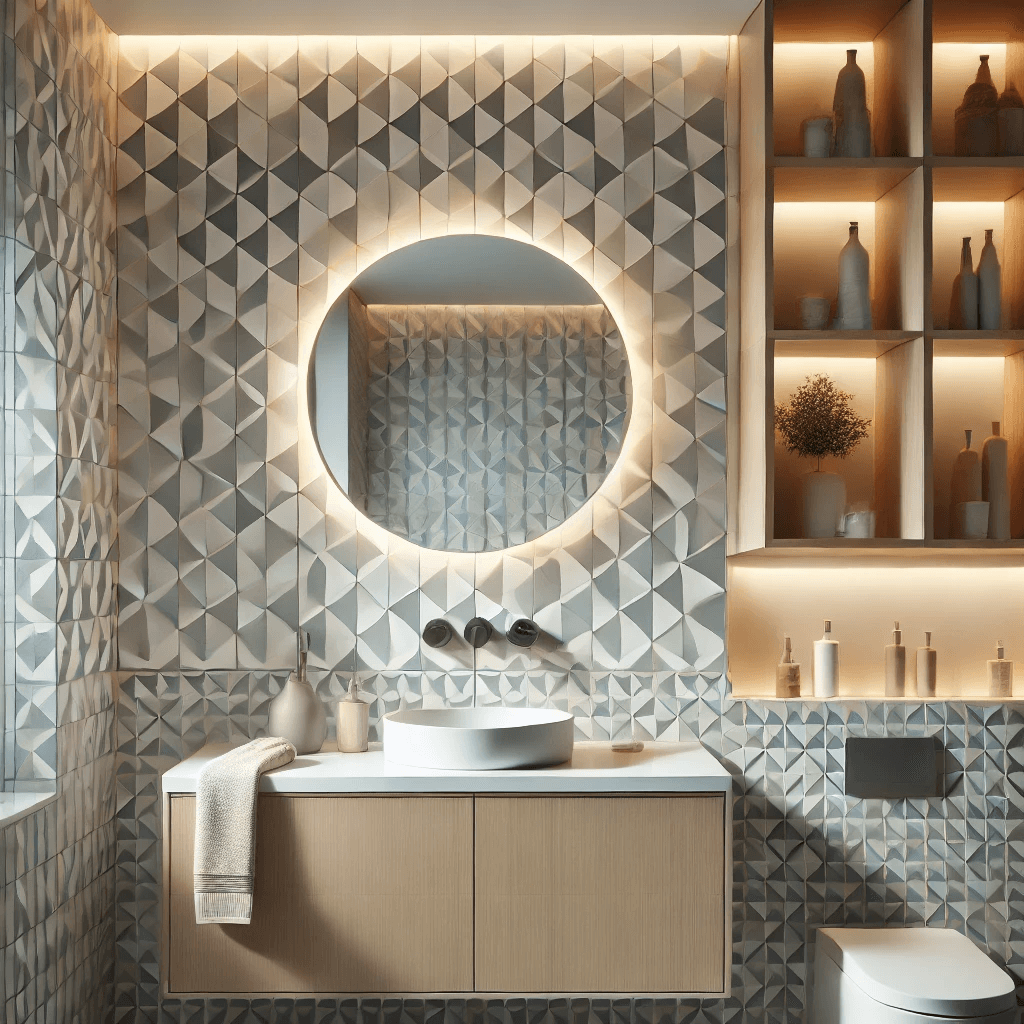 A contemporary bathroom featuring a minimalist countertop sink, geometric patterned tiles in soothing tones, a round mirror with LED backlighting, and smart shelving.