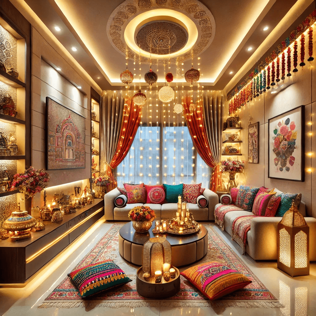 A modular living room with a blend of modern and traditional decor, designed for Panipat’s festive season.