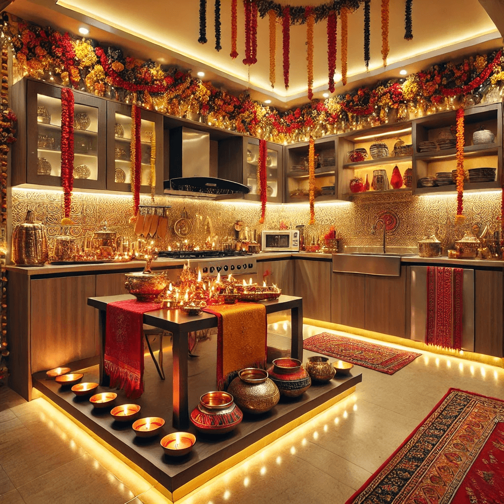 A modular kitchen in a Panipat home, adorned with festive decorations and bright lighting.