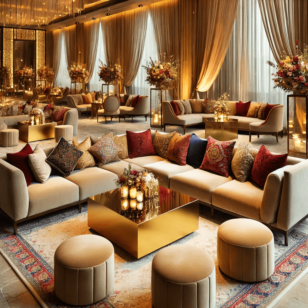 A stylish guest lounge with modular furniture for a wedding setup.