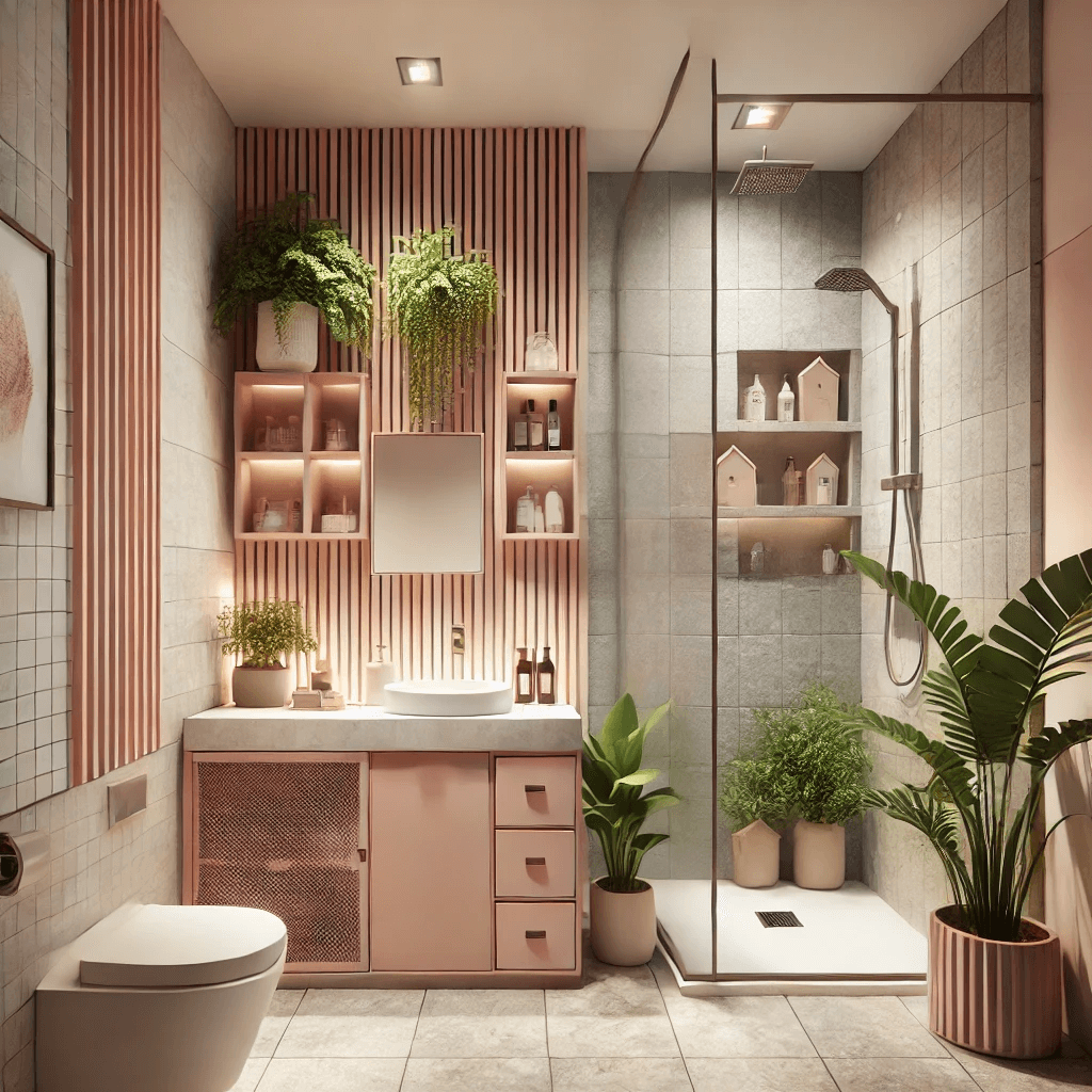 A bathroom designed with modular furniture and Vastu principles, featuring a compact storage unit, a walk-in shower with glass doors, pastel wall tiles, and greenery for a natural touch.