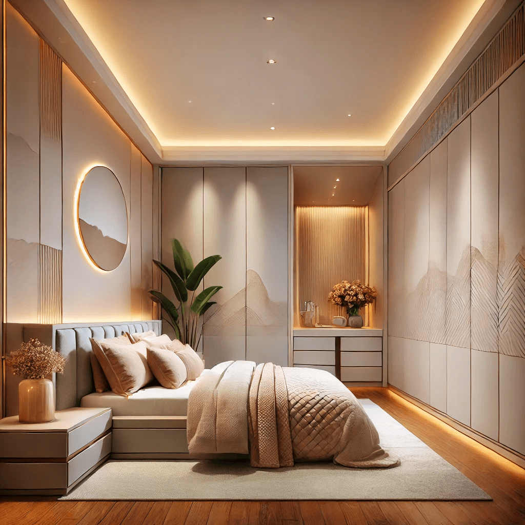 A serene bedroom designed by IDS by Nishtha with modular wardrobes, soft lighting, and a Vastu-compliant layout.