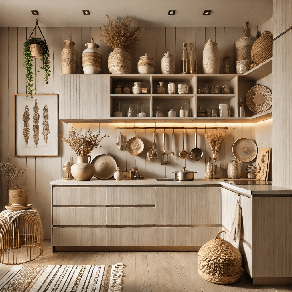 An aesthetically pleasing modular kitchen in Panipat incorporating local decor and sustainable elements.