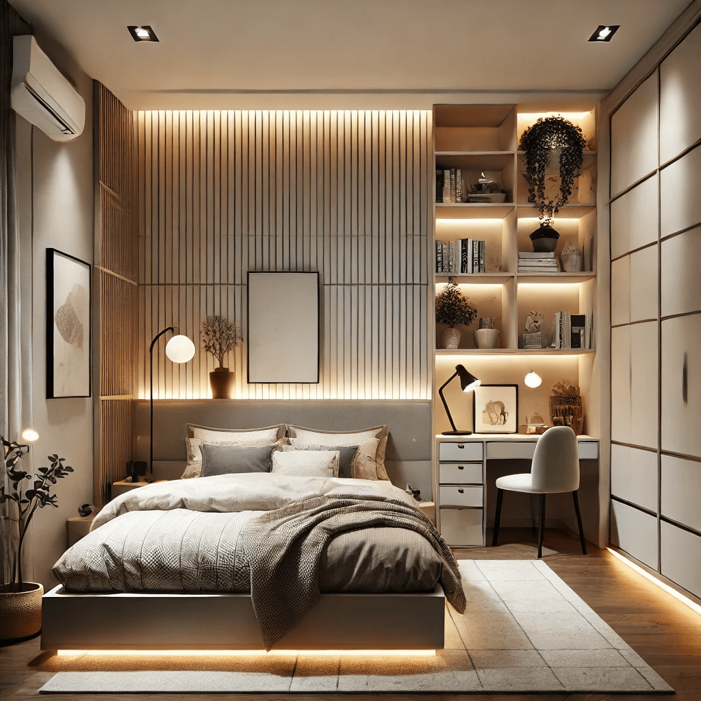 A stylish and serene bedroom showcasing clutter-free design and functional modular furniture for ultimate relaxation.

