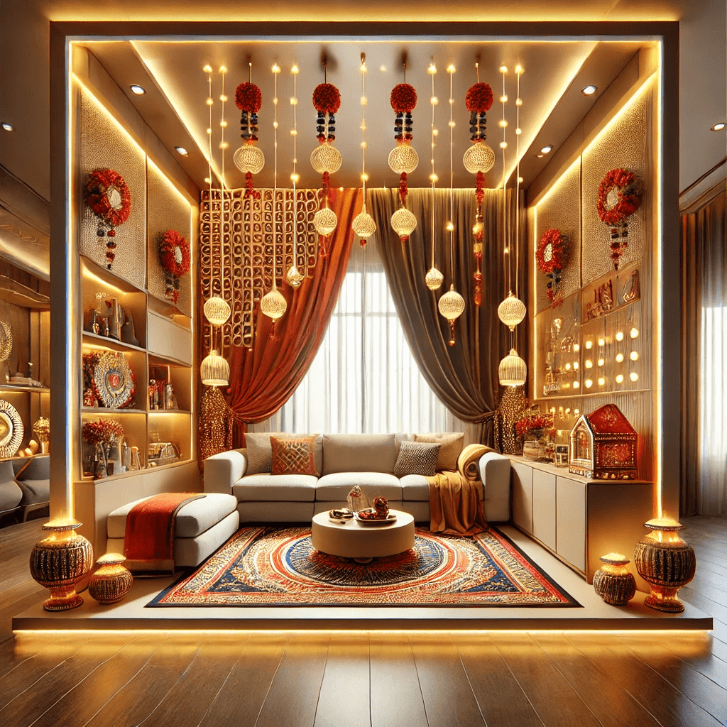 An elegantly designed living room in Panipat, showcasing vibrant festival decorations with warm lighting and modular furniture.