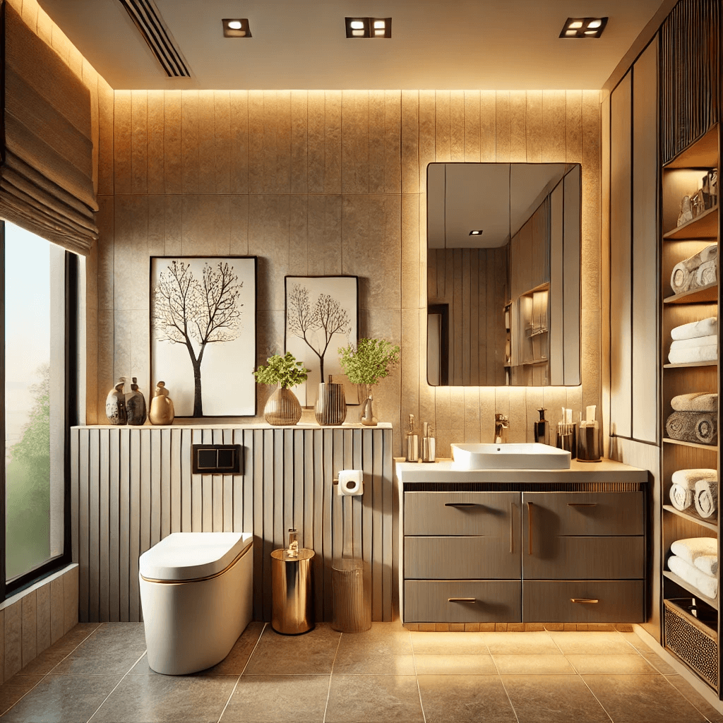 A luxurious yet cost-effective bathroom renovation featuring modern fixtures, a compact vanity with storage, elegant neutral-toned tiles, and soft ambient lighting.