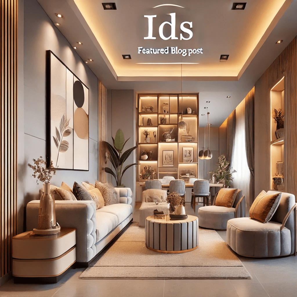 A stylish and modern living room interior designed by IDS by Nishtha, featuring modular furniture, soft lighting, and elegant decor.