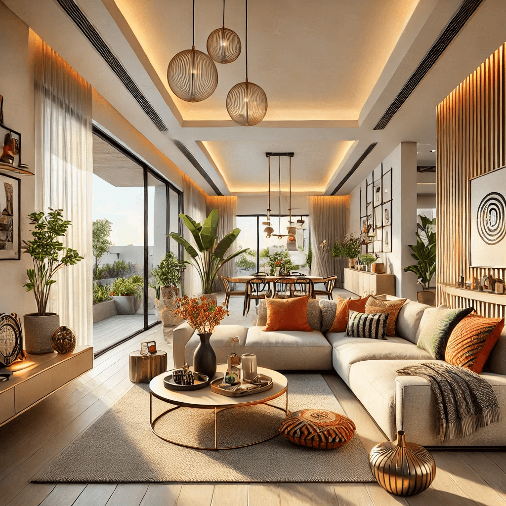 An elegantly organized modern living room in Panipat showcasing clean lines, modular furniture, and vibrant accents for maximum comfort.